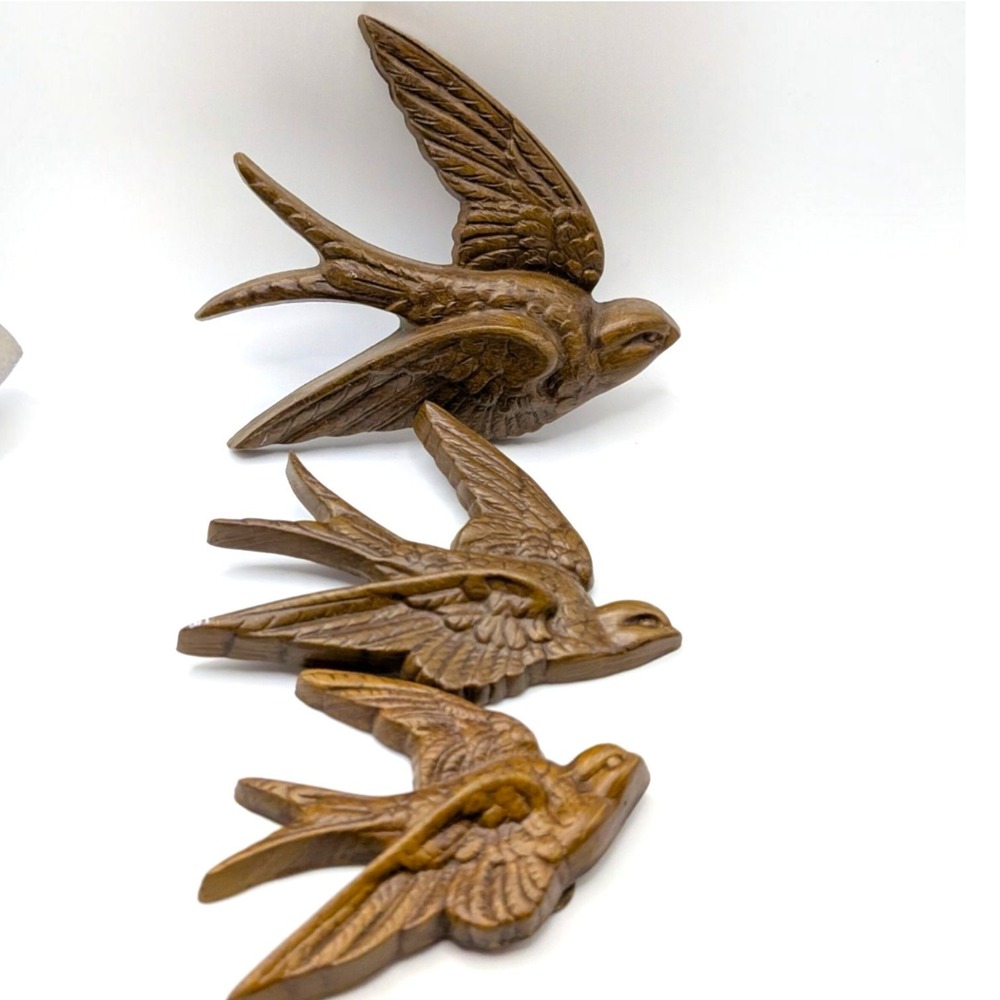 Vtg Burwood Flying Swallows Birds Brown Wall Plaques USA 1983 Set of 3 #2650